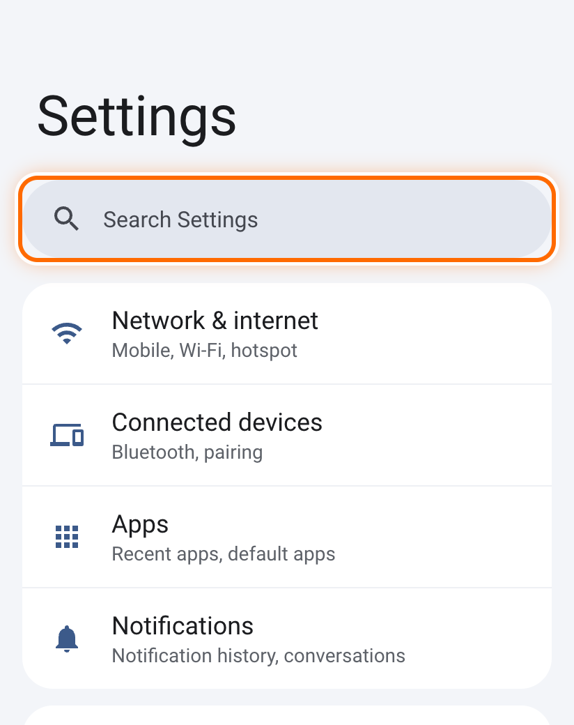 Settings with the search bar circled