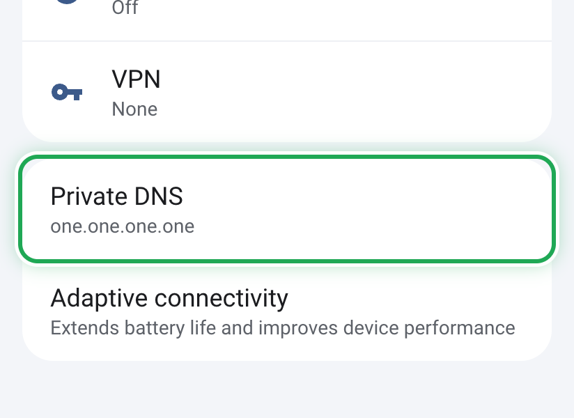 Private DNS now shows one.one.one.one