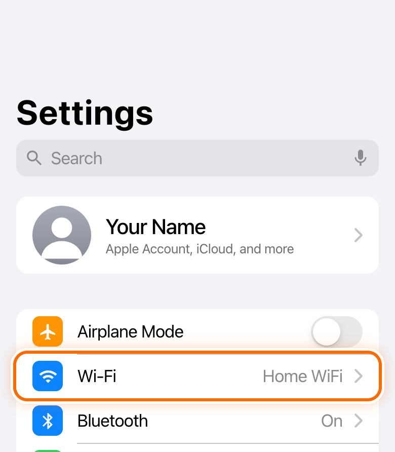 Settings with the Wi-Fi line circled
