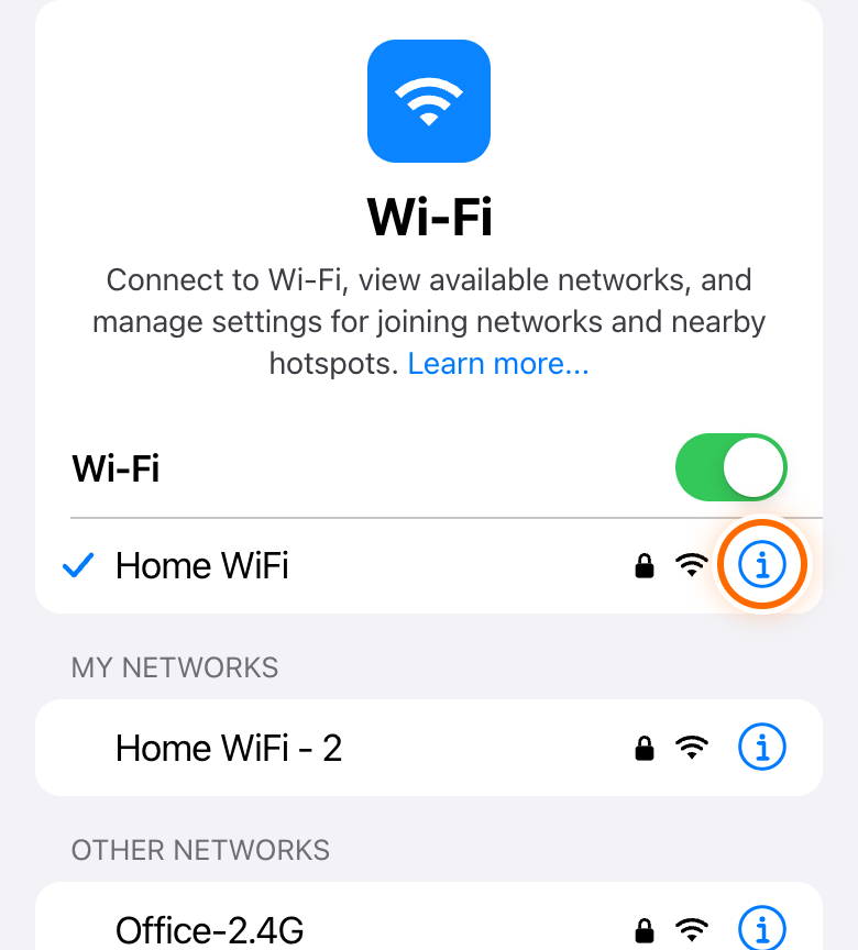 Wi-Fi list with the blue i next to the connected network circled